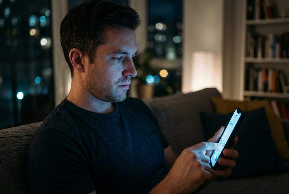 smutny mężczyzna patrzący w telefon w nocy