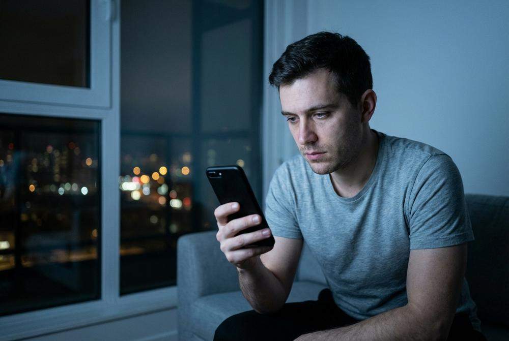 zamyślony mężczyzna tęskniący za kobietą z telefonem w ręku