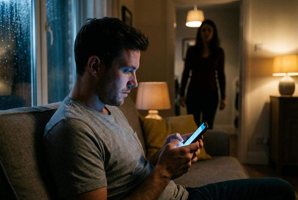 facet ukrywa telefon przed partnerką pisząc sms