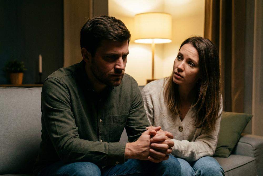 Mężczyzna unikający wzroku partnerki podczas trudnej rozmowy w salonie