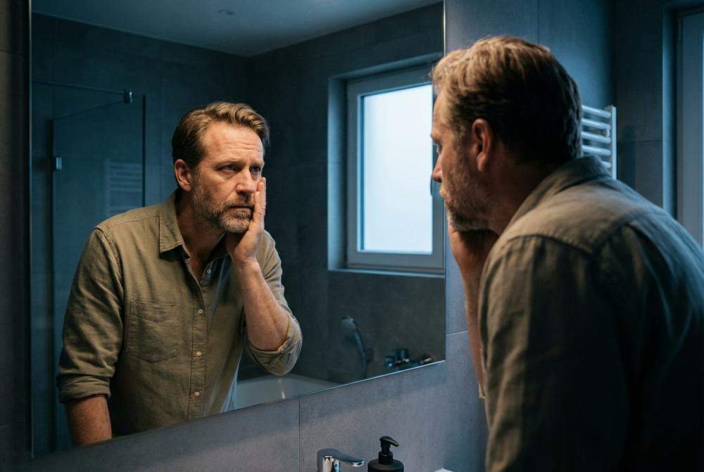 Mężczyzna w średnim wieku patrzący w lustro objawy kryzysu