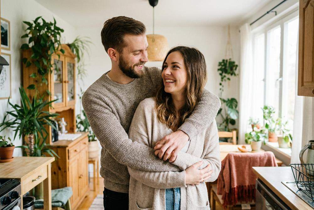 Mężczyzna obejmujący kobietę w partnerskiej relacji pełnej wsparcia