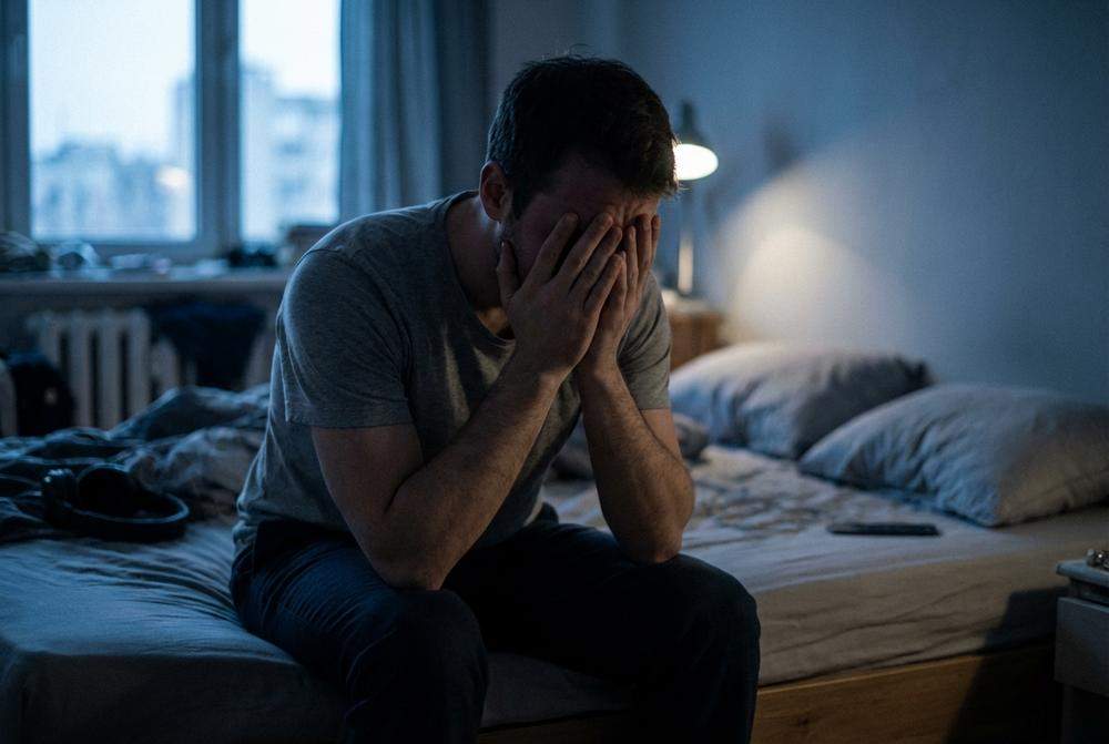 Mężczyzna z wyrzutami sumienia siedzący na łóżku