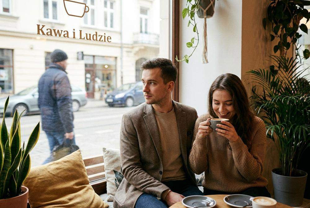 Mężczyzna w kawiarni zerka w bok podczas randki