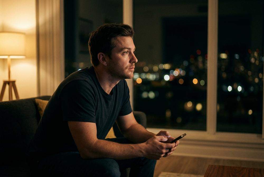 samotny mężczyzna z telefonem tęskniący w związku na odległość