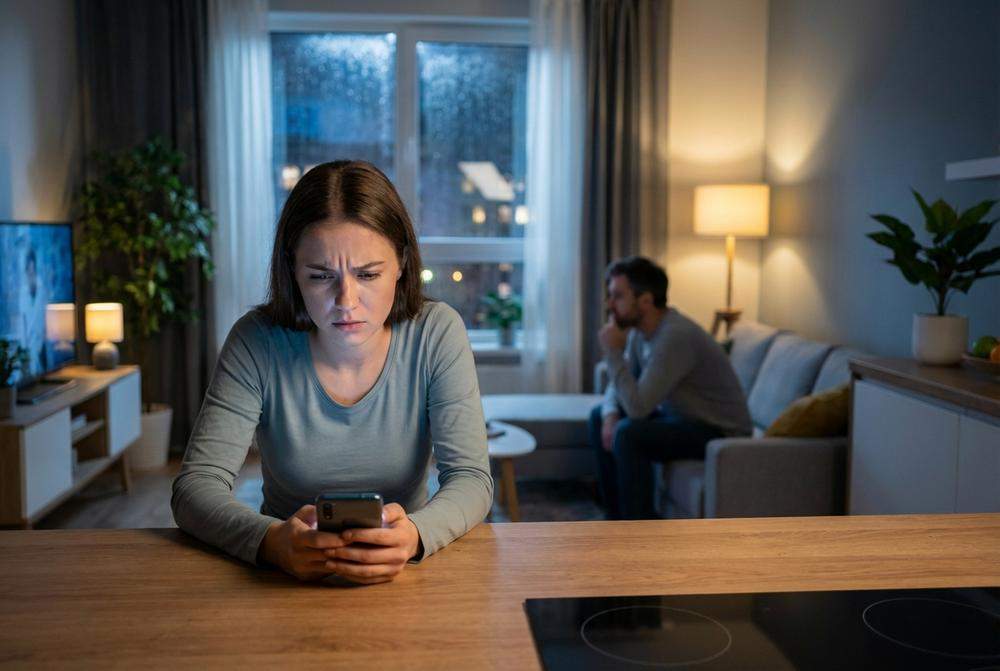 zmartwiona kobieta i milczący mężczyzna w tle