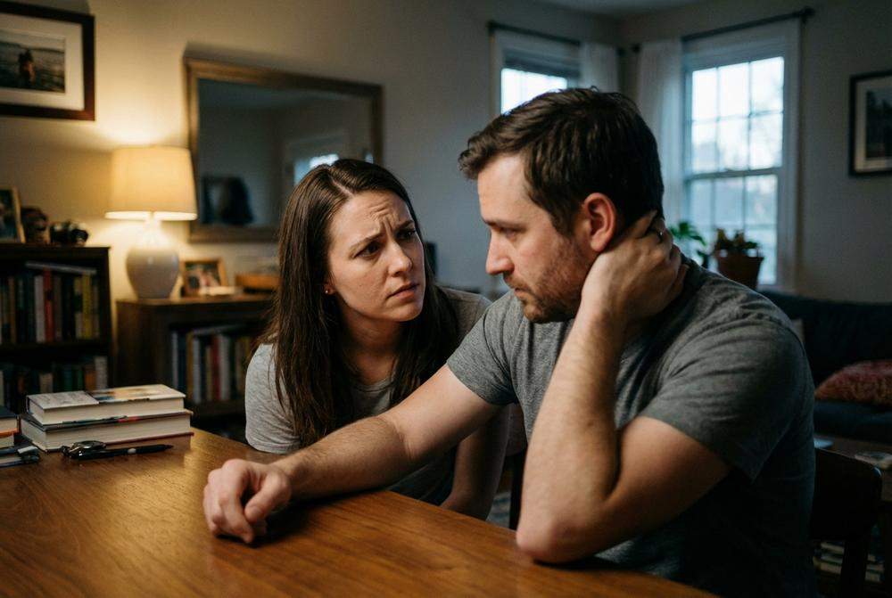 Mężczyzna unika wzroku kobiety podczas poważnej rozmowy