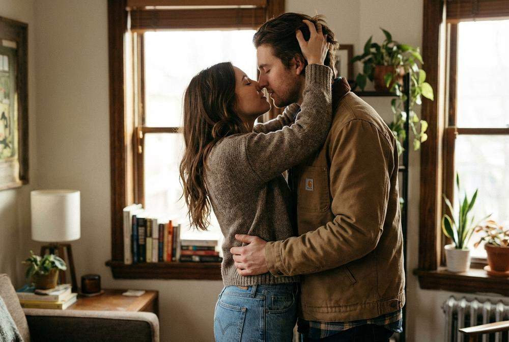 Namiętny pocałunek pary dłonie we włosach