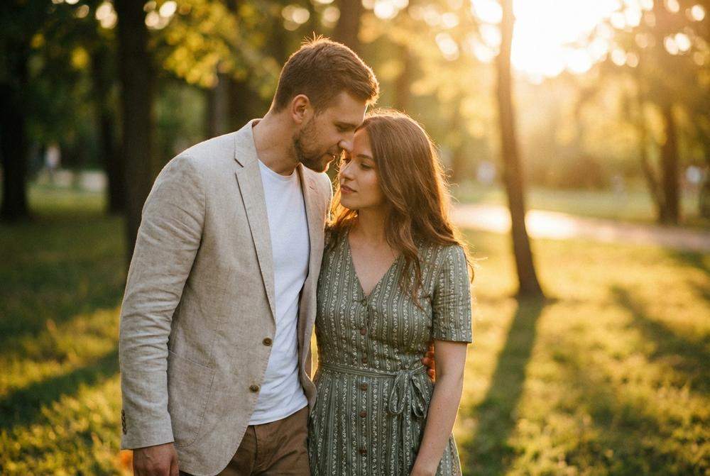 Para na spacerze okazująca mowę ciała świadczącą o chemii