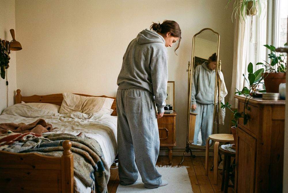 Kobieta w bezkształtnych ubraniach ukrywających figurę