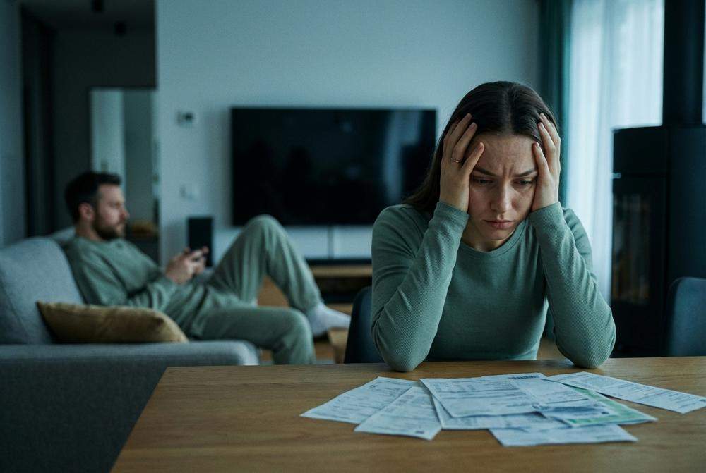 zmęczona kobieta nad rachunkami i grający na konsoli niedojrzały partner