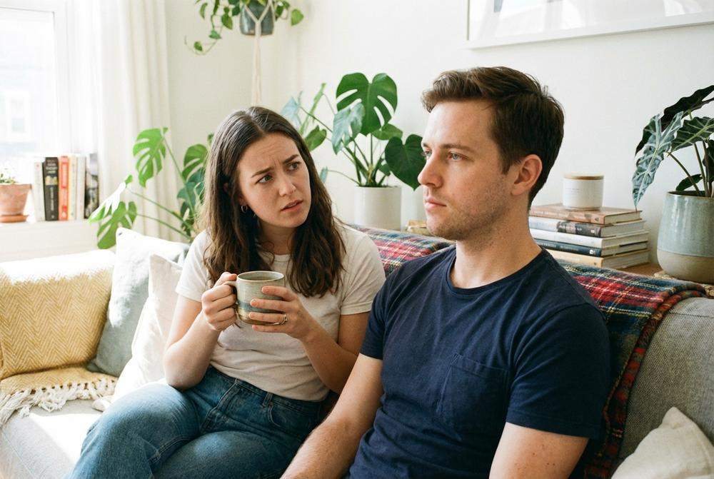 Zamyślony mężczyzna patrzący w dal obok partnerki