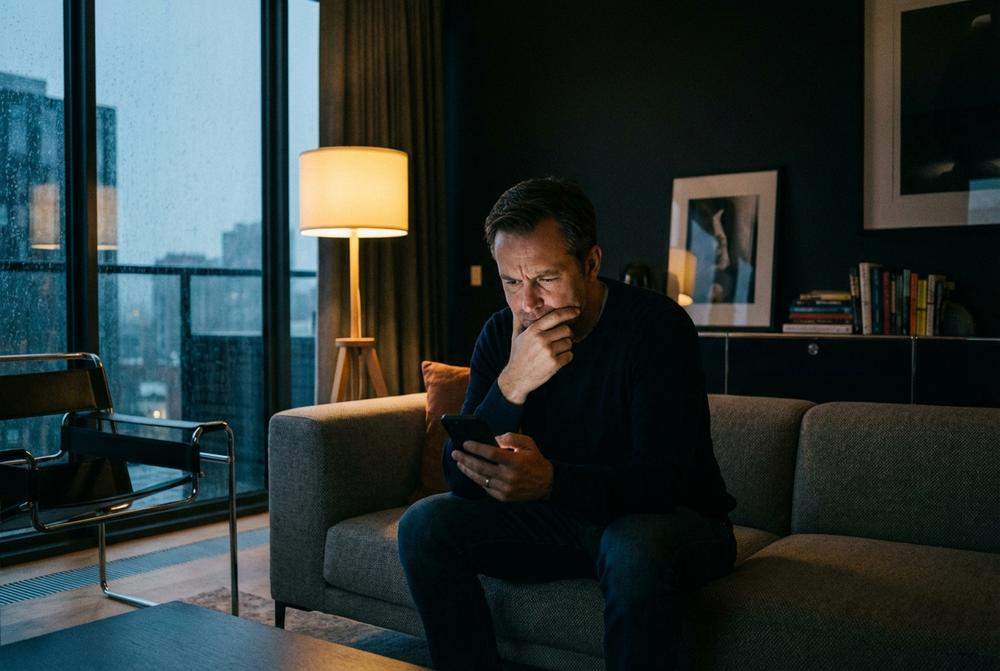Zamyślony mężczyzna z telefonem waha się przed wysłaniem wiadomości