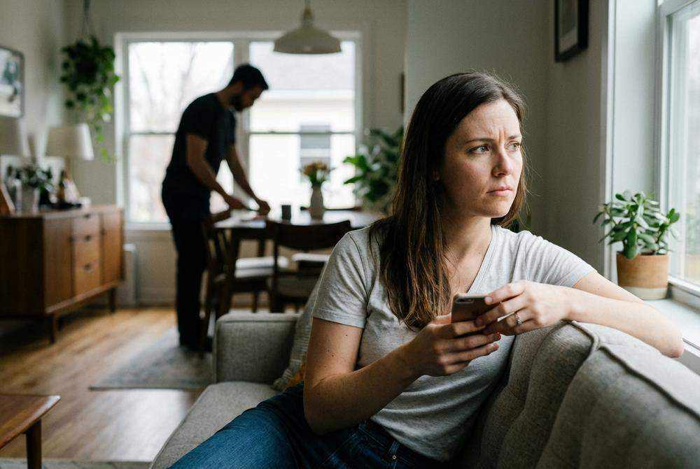 Zamyślona kobieta z telefonem wątpiąca w relację