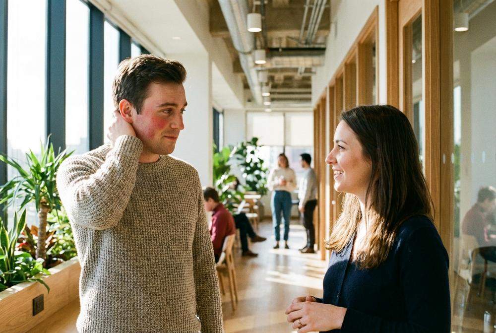 Nieśmiały mężczyzna drapie się po karku rozmawiając z kobietą która mu się podoba