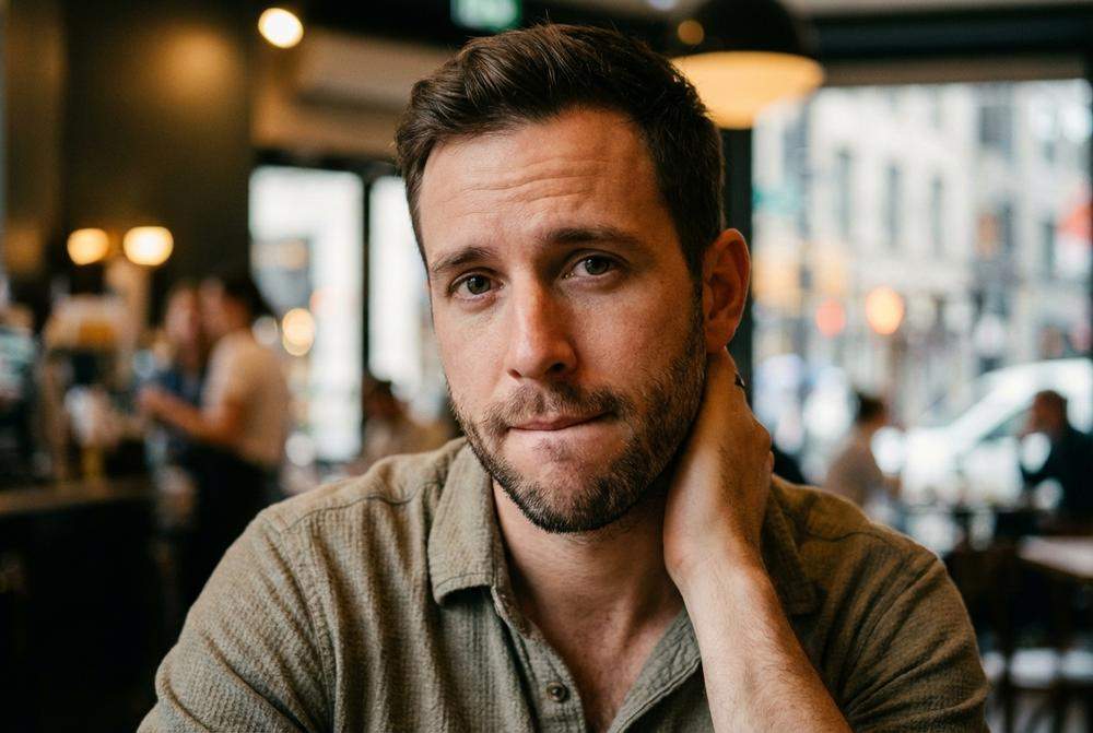 Mężczyzna w kawiarni patrzący z zainteresowaniem i nieśmiałością