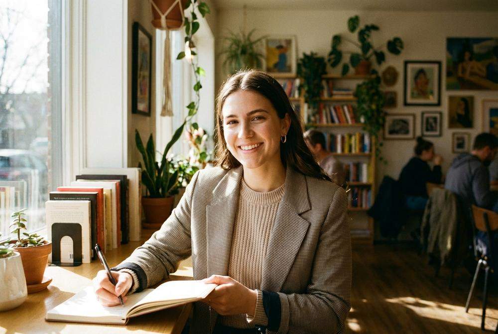 Niezależna kobieta realizująca swoje pasje w kawiarni