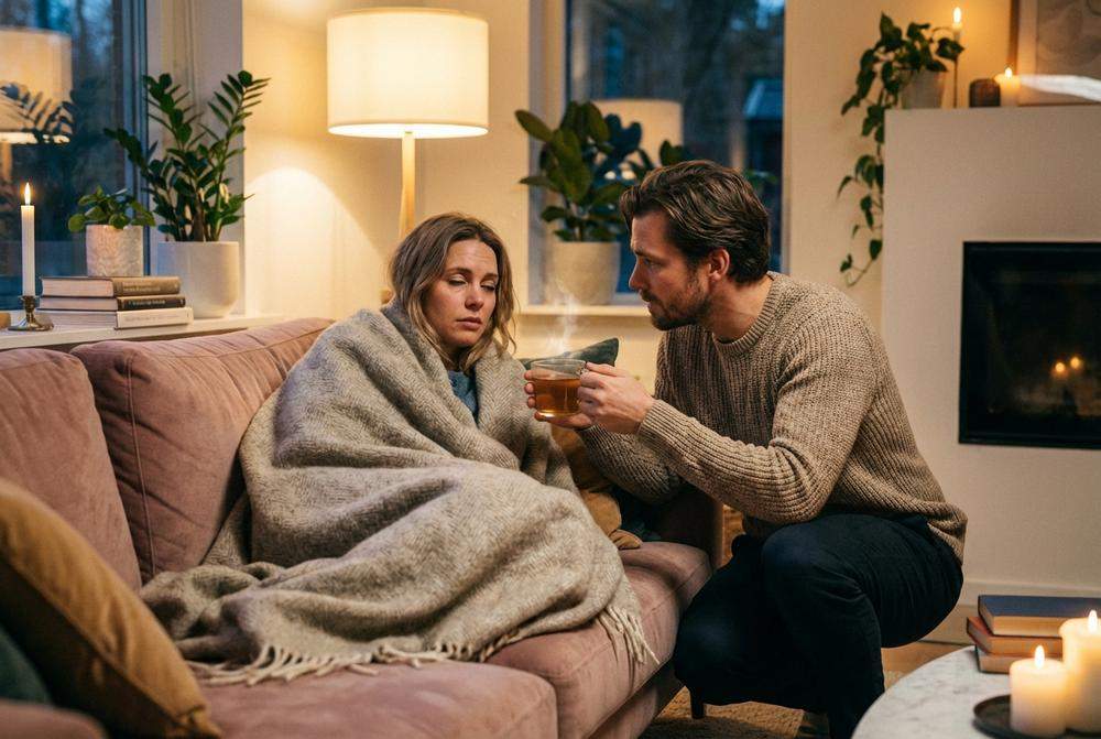 Mężczyzna opiekujący się partnerką i podający herbatę