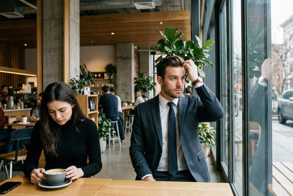 Mężczyzna ignoruje kobietę skupiając się na swoim wyglądzie