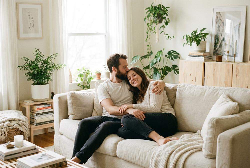 Mężczyzna całujący kobietę w czoło na kanapie w domu