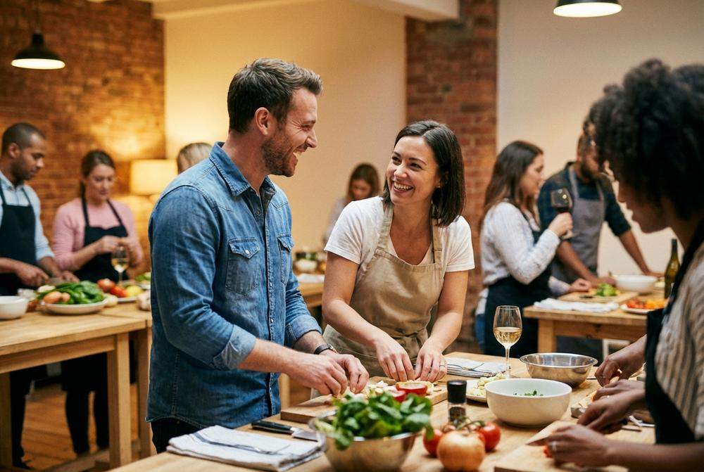 Mężczyzna rozmawiający z kobietą na kursie grupowym