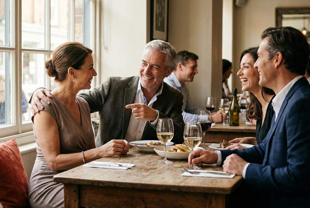 Mężczyzna przedstawiający partnerkę przyjaciołom podczas wspólnego wyjścia