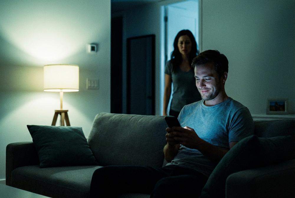 Mężczyzna piszący na telefonie i zmartwiona kobieta w tle