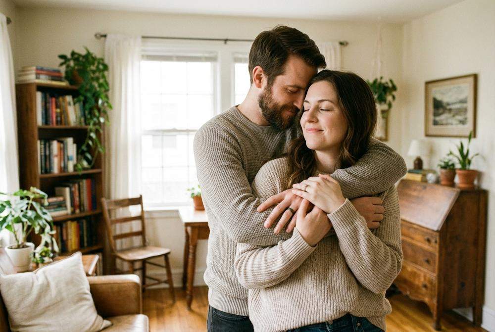 mężczyzna przytula kobietę od tyłu w domu