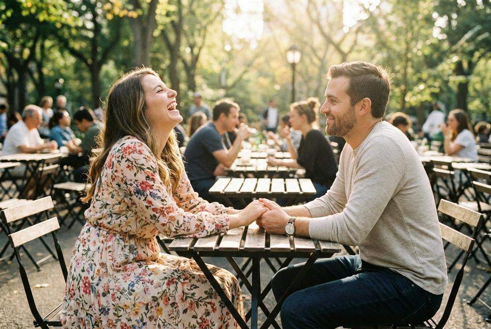 Uśmiechnięta kobieta na randce przyciągająca uwagę mężczyzny