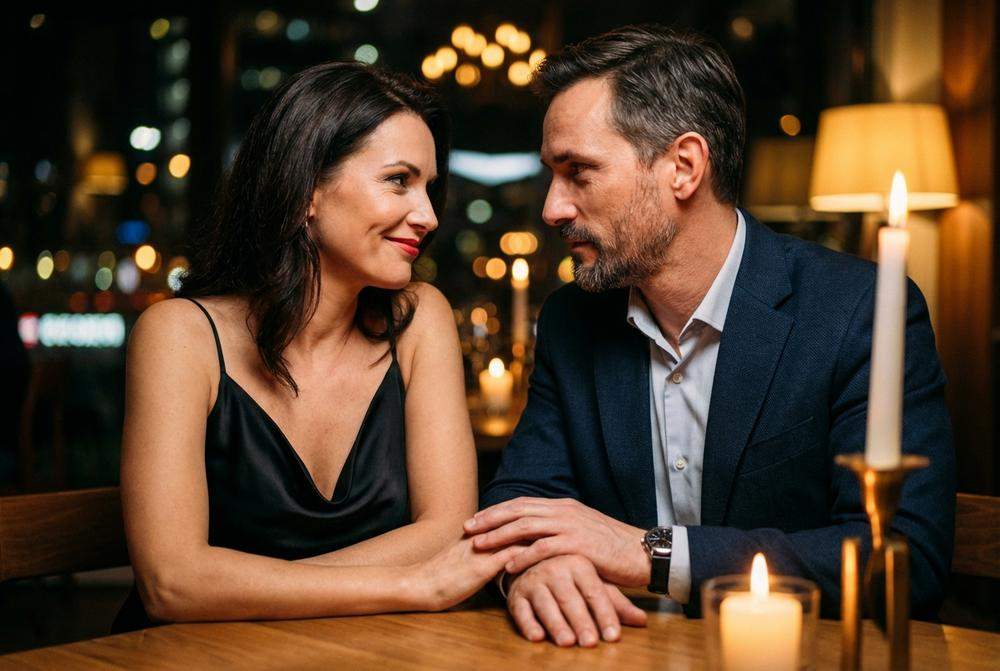 Romantyczna kolacja pary po 40, kontakt wzrokowy i bliskość