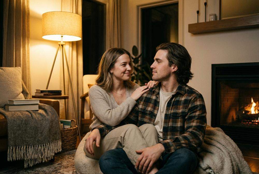 szczęśliwa para rozmawiająca na kanapie w salonie