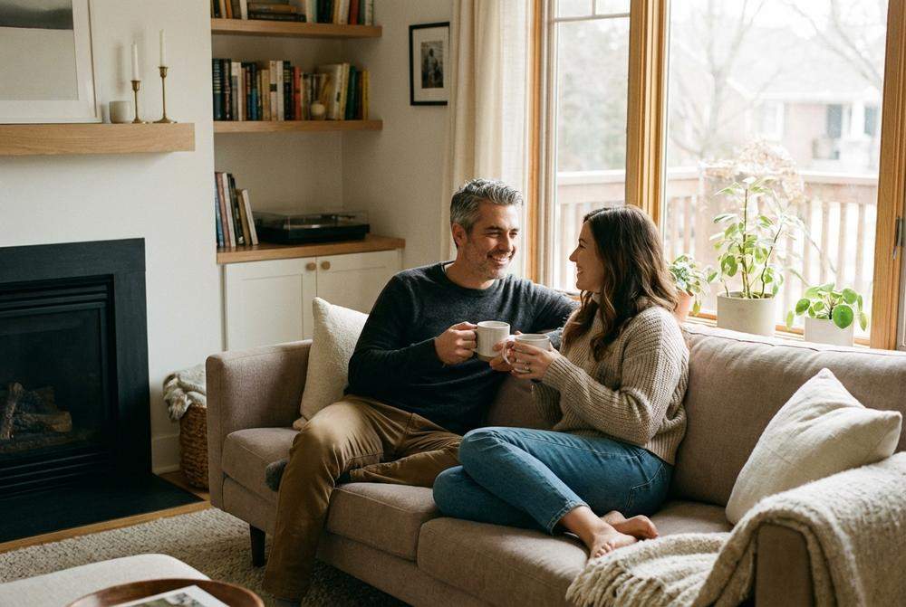Para po czterdziestce odpoczywająca w salonie rozmawiająca ze spokojem