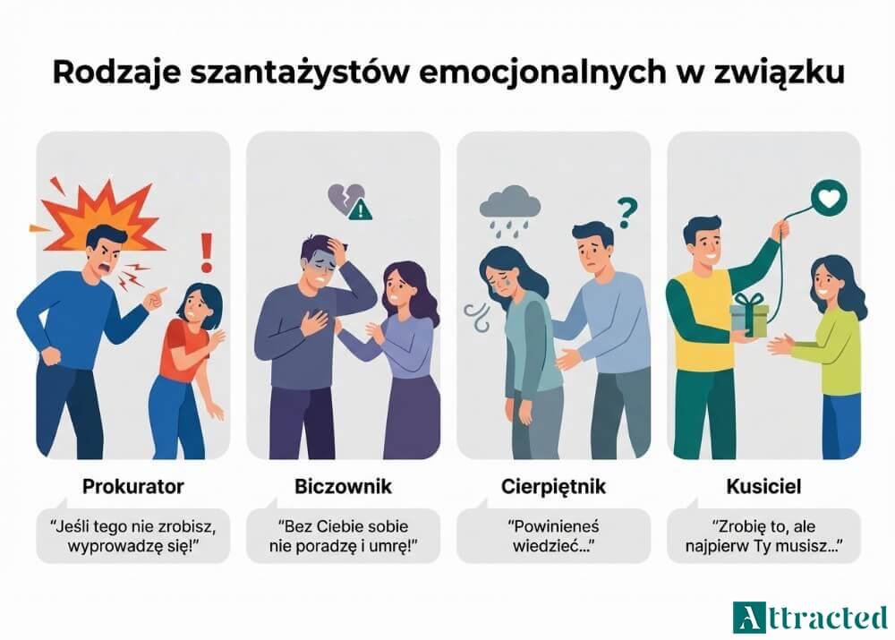 Infografika "Rodzaje szantażystów emocjonalnych" w związku z czterema ikonami ilustrującymi Prokuratora, Biczownika, Cierpiętnika i Kusiciela