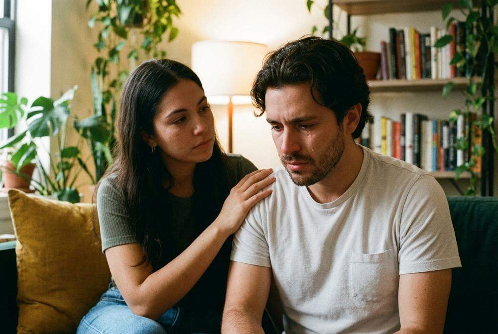 kobieta pocieszająca smutnego partnera podczas rozmowy