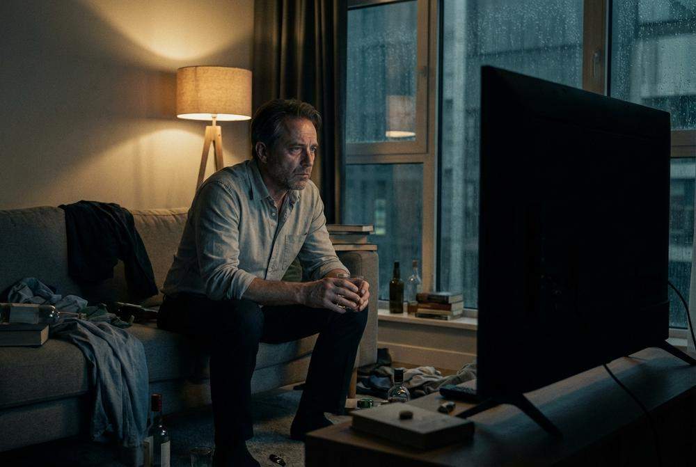 Samotny mężczyzna po rozwodzie siedzący w salonie