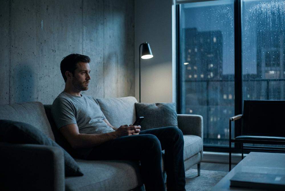 smutny mężczyzna siedzący samotnie po rozstaniu