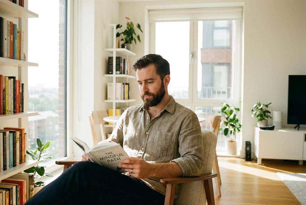 Mężczyzna dbający o rozwój osobisty czytający książkę
