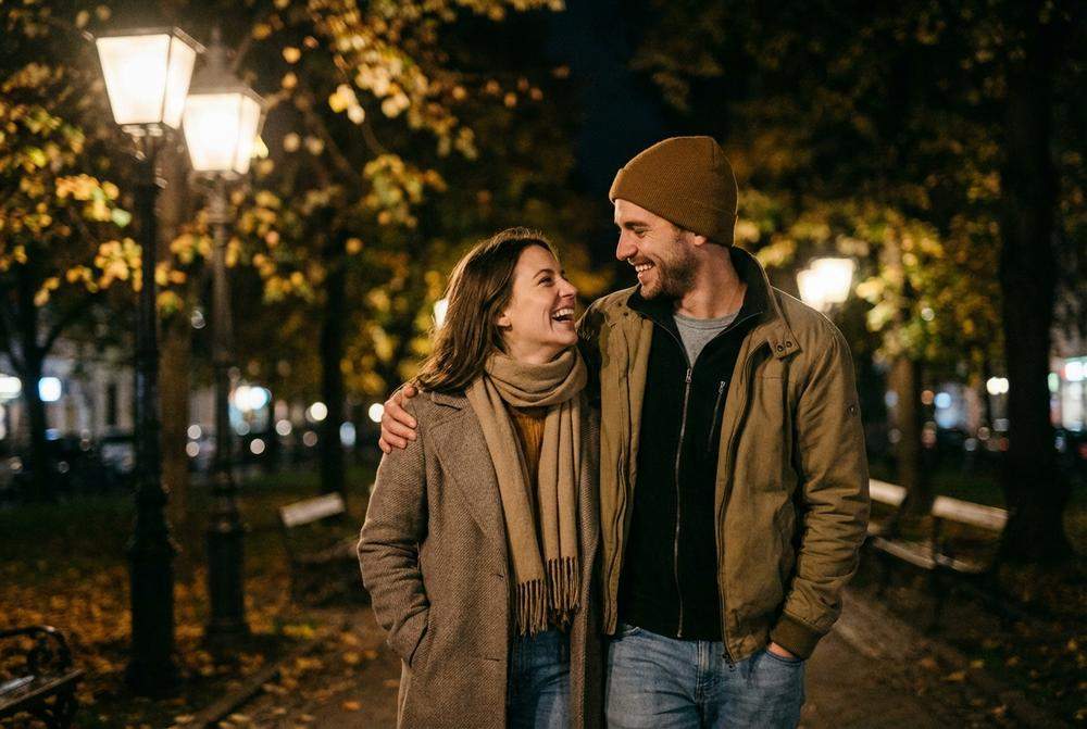 Szczęśliwa para na spacerze okazująca wzajemne zainteresowanie