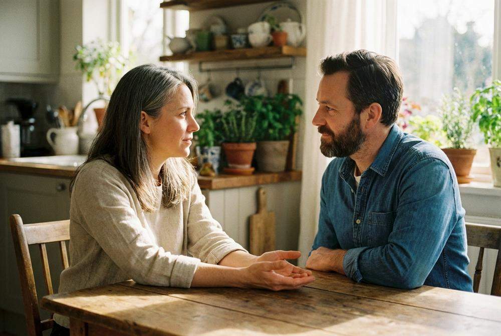 Szczera rozmowa pary przy stole budująca zaufanie w związku