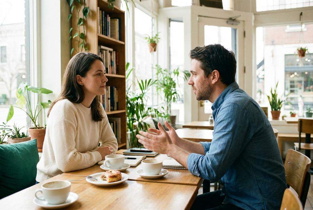 Para rozmawia spokojnie w kawiarni naprawiając relację