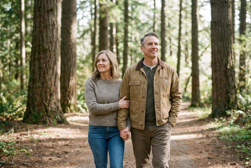 Szczęśliwa para na spacerze symbolizująca partnerstwo i zaufanie