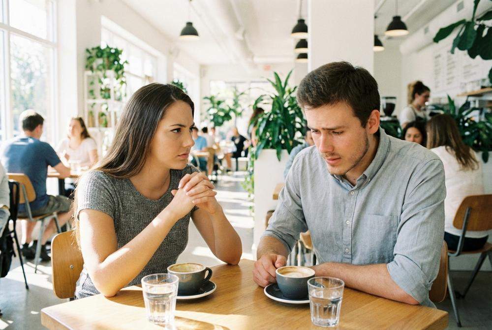 Poważna rozmowa pary w kawiarni o przyszłości związku
