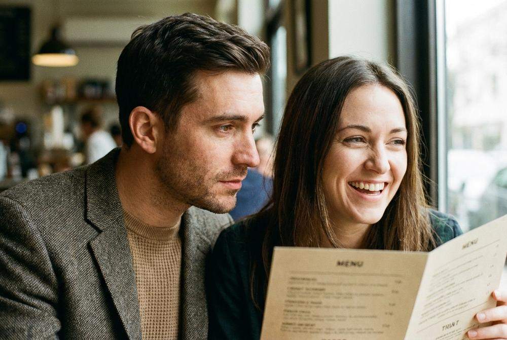 Mężczyzna patrzy na kobietę zakochanym wzrokiem w kawiarni