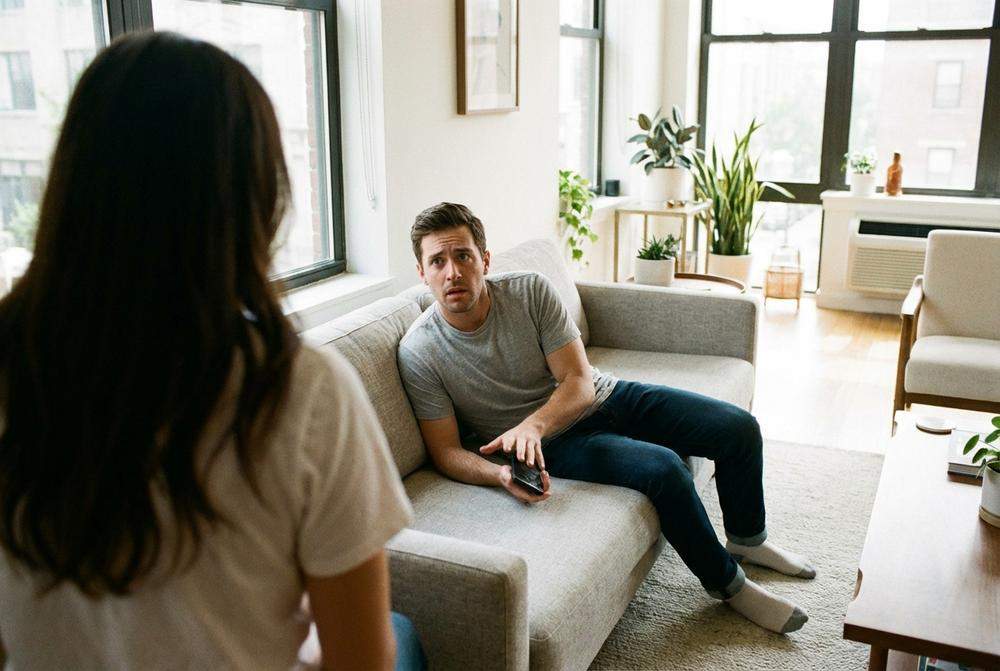 Partner nerwowo chowa telefon przed kobietą