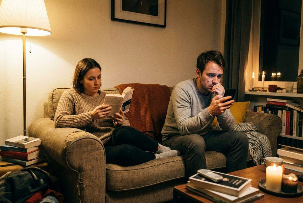 Mężczyzna ukrywający telefon przed partnerką na kanapie