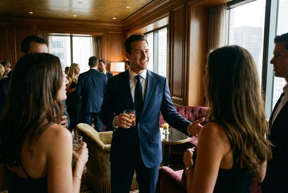 Uśmiechnięty mężczyzna nawiązujący kontakt wzrokowy na przyjęciu