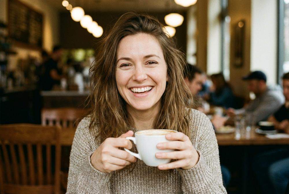 uśmiechnięta naturalna kobieta w kawiarni pewność siebie