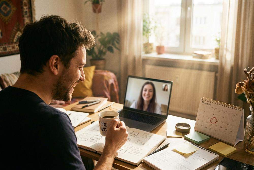 szczęśliwa para wideorozmowa planowanie spotkania online