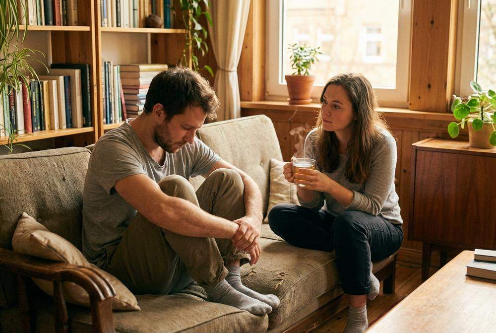 Kobieta wspierająca partnera w depresji rozmowa w domu