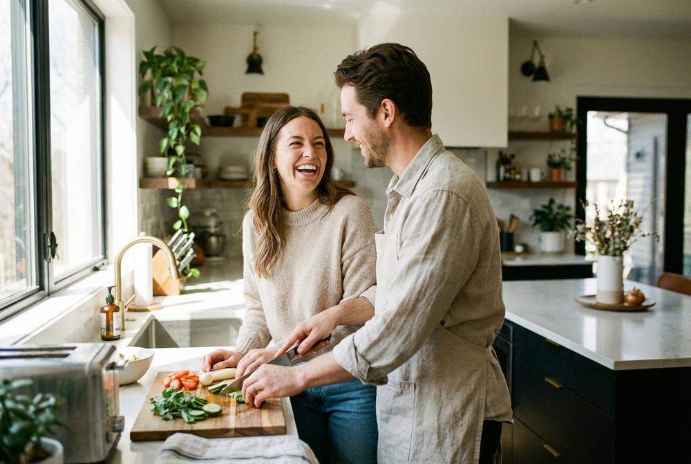 para śmiejąca się podczas gotowania w kuchni